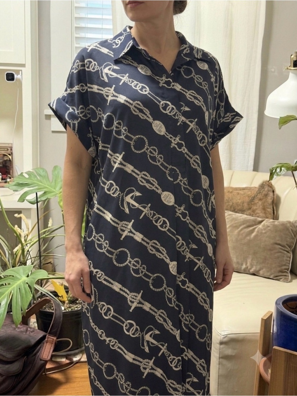 Ralph Lauren Navy Chain-Print Midi Shirt Dress with Brown Belt - Picture 2 of 13
